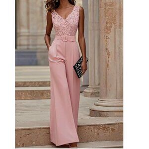 Fehaute Pink Lace V Neck Sleeveless Dressy Jumpsuit With Pockets, Size 12